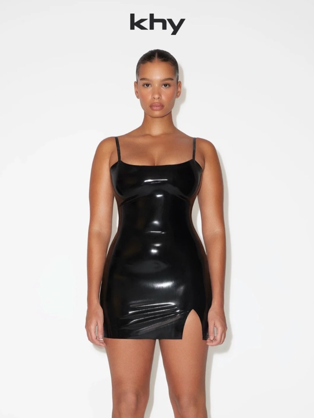 Poster Girl Black Latex Mini Dress with Slim Straps